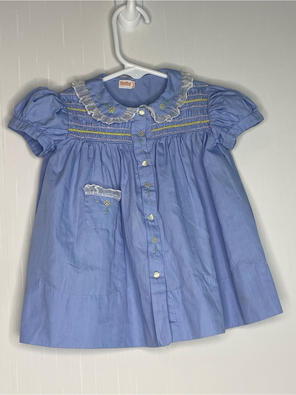 Vintage Hand Made Philippines Smocked Blue Dress Lace Ruffle Trim No Size Tag!